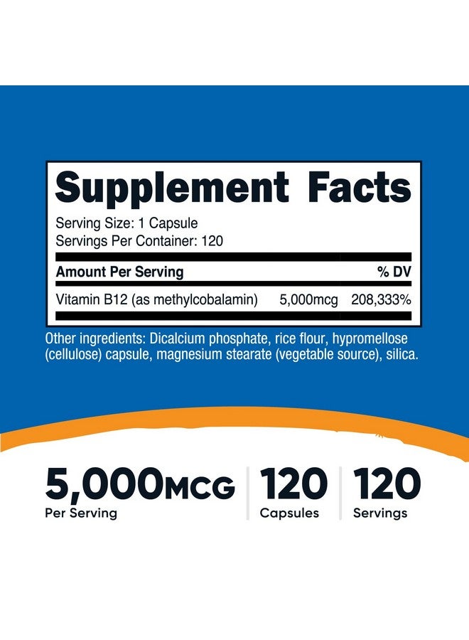 Nutricost فيتامين ب12 من نوتريكوست (ميثيلكوبالامين) 5000 ميكروغرام، 120 كبسولة - كبسولات نباتية، غير معدلة وراثيًا، خالية من الغلوتين، مكمل ب12 - Image 2