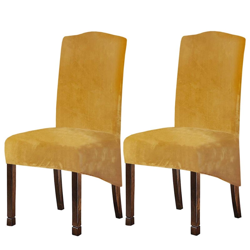 Velvet Plush XL Dining Chair Covers Stretch Chaircover Spandex High Chairs Protector Covers Seat Slipcover with Elastic Band for Dining RoomWedding Ceremony Banquet Mustard Gold Set of 2