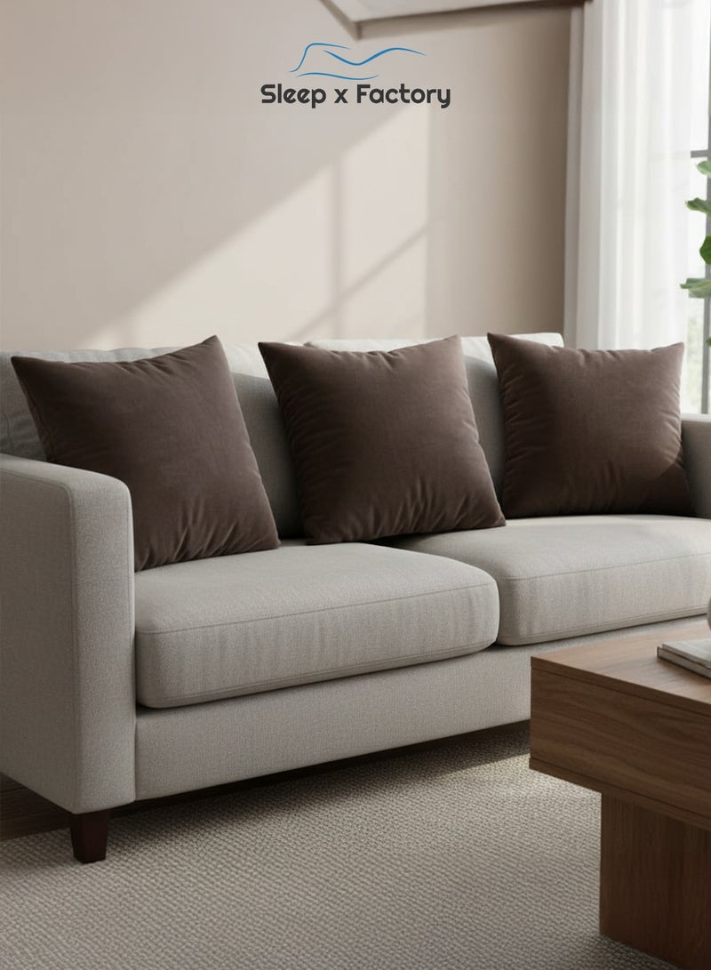 Sleep x Factory Velvet Brown Decorative Cushions – 3 Pack – 45x45 cm – Microfiber Filled Pillow - Image 1