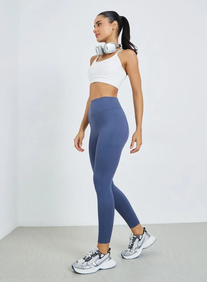 Styli Active Navy Blue Broad Waist Side Pocket Leggings
