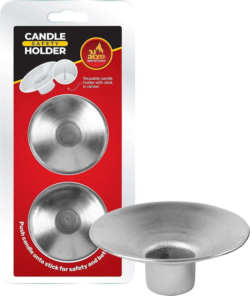 Ner Mitzvah Safety Metal Candle Holder Drip Cup Set - Silver - Image 1