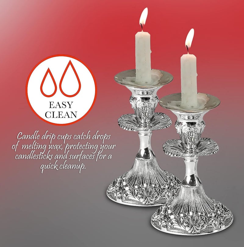 Ner Mitzvah Safety Metal Candle Holder Drip Cup Set - Silver - Image 3