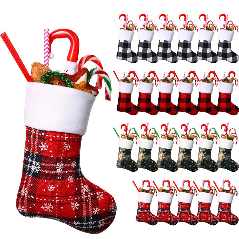 Honoson 48 Pieces 7 Inch Christmas Stockings Bulk Mini Buffalo Plaid Stocking Classic Stocking Red and Green Plaid Design Small Christmas Stockings Rustic Socks for Xmas Holiday Decorations