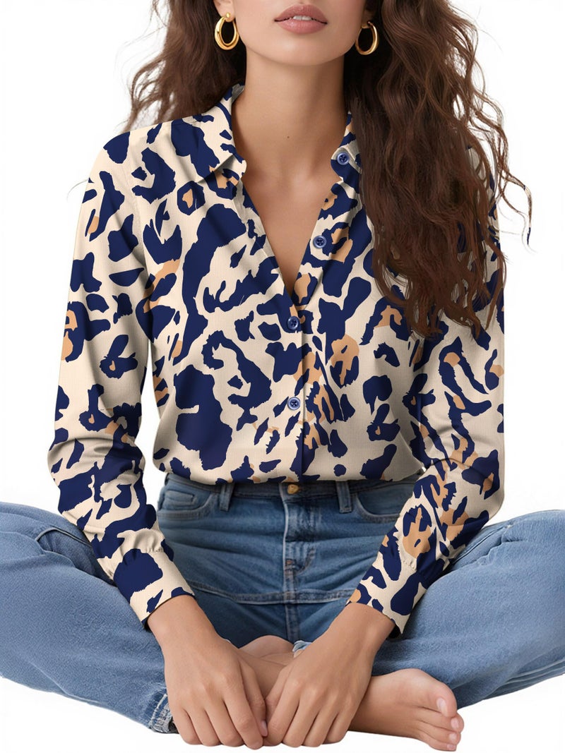 COUXILY Blouses for Women Business Casual Women's Long Sleeve Womens Dressy Silk Shirts Fall Trendy Tops Button Down Blouse Up Shirt Dress Work Non-Iron Wrinkle Free Cute Blue Pattern 02 XL - Image 5