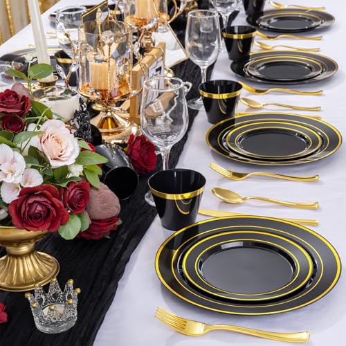 WELLIFE 600 PCS Black and Gold Disposable Dinnerware Set for 100 Guests Gold rimmed Plastic Dinner PlatesSalad PlatesCupsSilverware Set for New Year Party Supplies - Image 5
