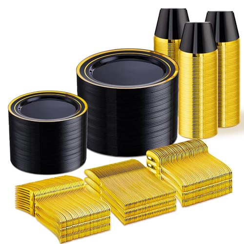 WELLIFE 600 PCS Black and Gold Disposable Dinnerware Set for 100 Guests Gold rimmed Plastic Dinner PlatesSalad PlatesCupsSilverware Set for New Year Party Supplies - Image 2