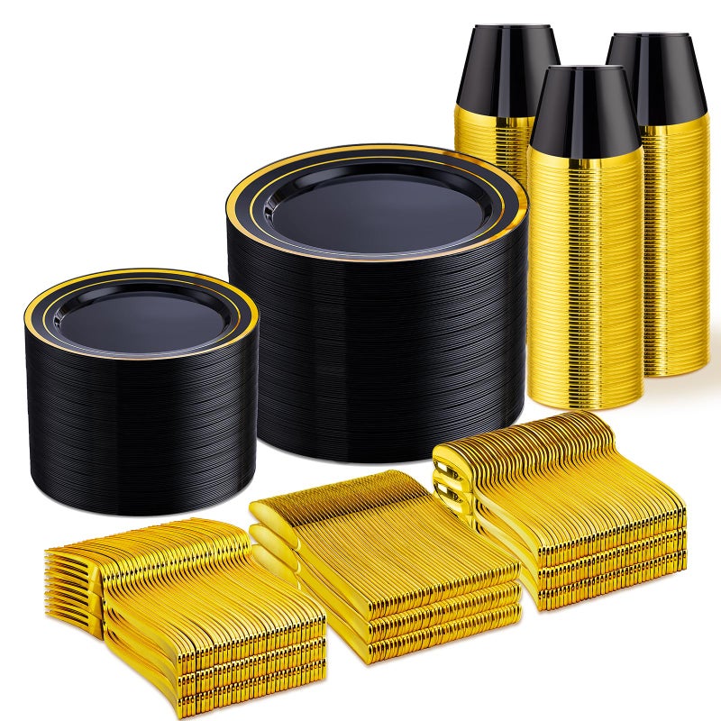 WELLIFE 600 PCS Black and Gold Disposable Dinnerware Set for 100 Guests Gold rimmed Plastic Dinner PlatesSalad PlatesCupsSilverware Set for New Year Party Supplies - Image 3