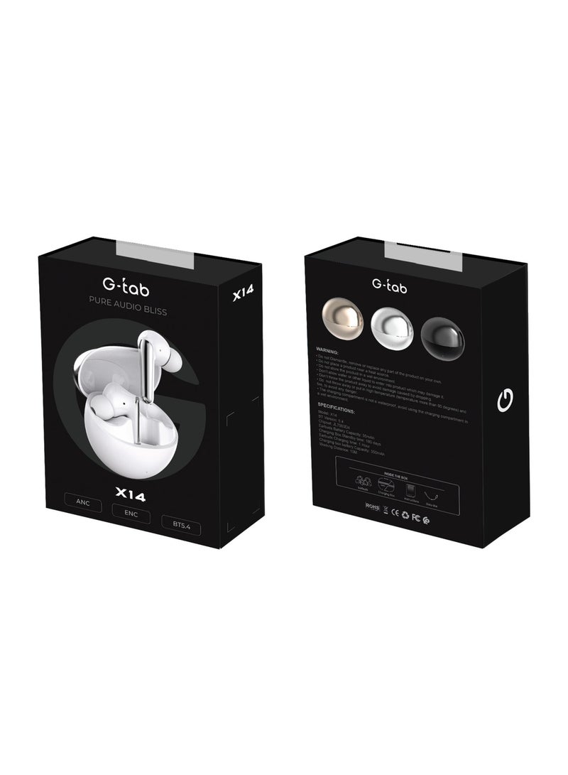 جي تاب سماعات G-Tab X14 لاسلكية TWS بتقنية بلوتوث 5.4 مع ANC وENC، سماعات ستيريو لاسلكية، تحكم باللمس، درايفر 10 مم، ميكروفون مكالمات واضح، شحن Type-C، أسود - Image 1