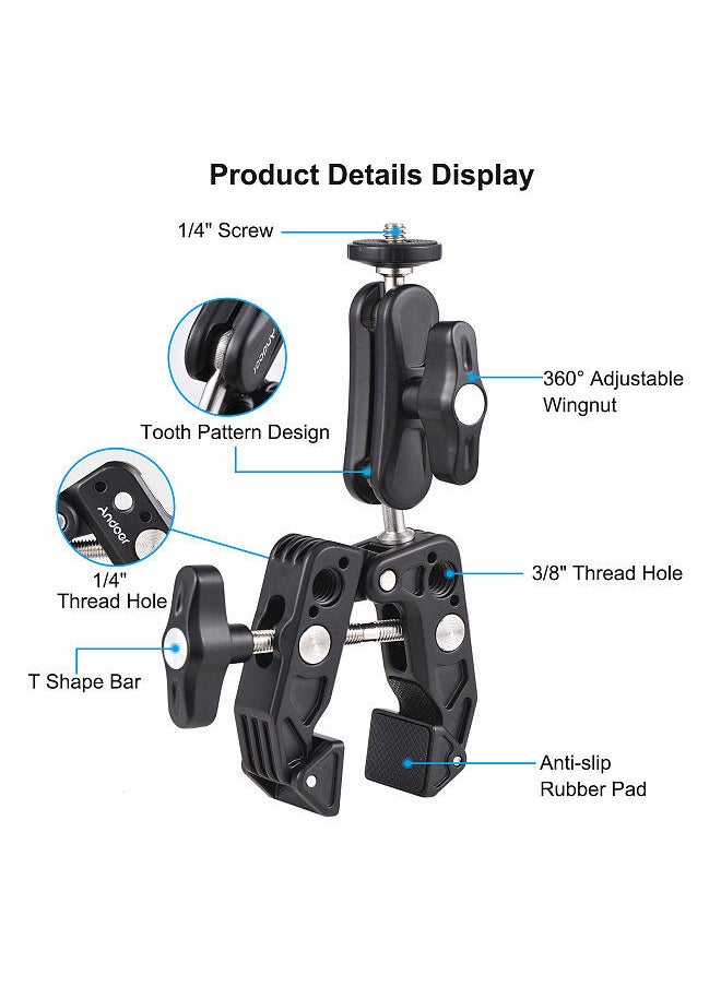 ANDOER - Andoer Super Clamp Mount Camera Mount Flexible Monitor Mount with Dual 360° Rotatable Ball Head 1/4 Inch & 3/8 Inch Threads Replacement for GoPro Hero 11/10/9/8 DSLR Cameras Smartphone - Image 1