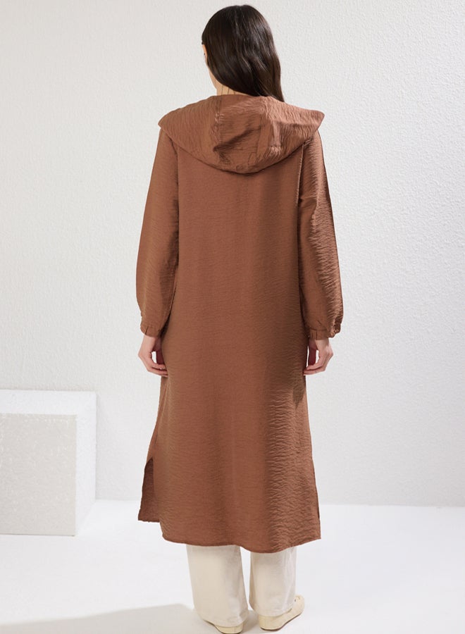 trendyol Brown Hooded Pocket Detailed Snap Closure Woven Kimono - Image 4