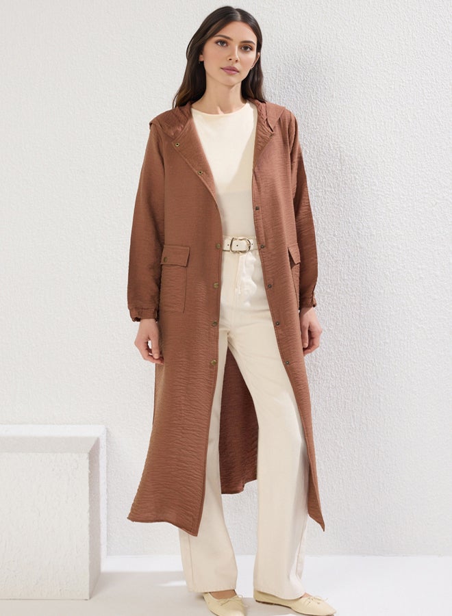 trendyol Brown Hooded Pocket Detailed Snap Closure Woven Kimono - Image 1