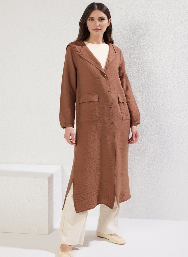 trendyol Brown Hooded Pocket Detailed Snap Closure Woven Kimono - Image 2