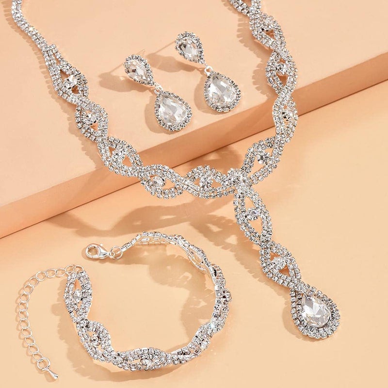 Unicra Silver Wedding Jewelry Set Bridal Rhinestone Necklace Bracelet Earrings Set Crystal Bride Jewelry Bridesmaids Accessories for Women - Image 4