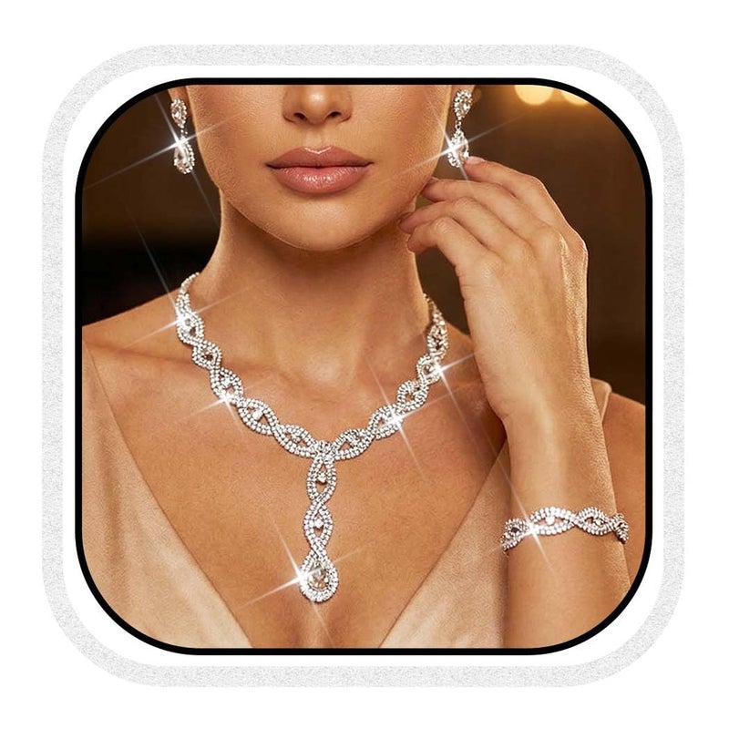 Unicra Silver Wedding Jewelry Set Bridal Rhinestone Necklace Bracelet Earrings Set Crystal Bride Jewelry Bridesmaids Accessories for Women - Image 1