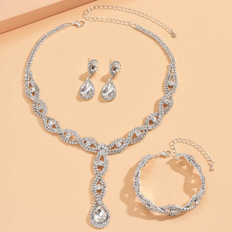 Unicra Silver Wedding Jewelry Set Bridal Rhinestone Necklace Bracelet Earrings Set Crystal Bride Jewelry Bridesmaids Accessories for Women - Image 2