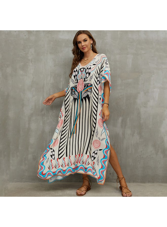 European And American Style Rayon Printed Beach Dress Loose Plus Size Robe Vacation Bikini Swimsuit Cover-up Sun Protection Shirt-Color:Color Bar (ZS2060-16)-  - Image 3