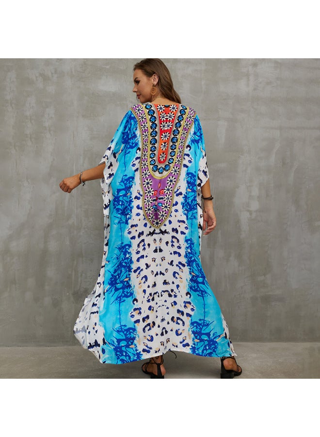 European And American Style Rayon Printed Beach Dress Loose Plus Size Robe Vacation Bikini Swimsuit Cover-up Sun Protection Shirt-Color:Color Bar (ZS2060-16)-  - Image 5
