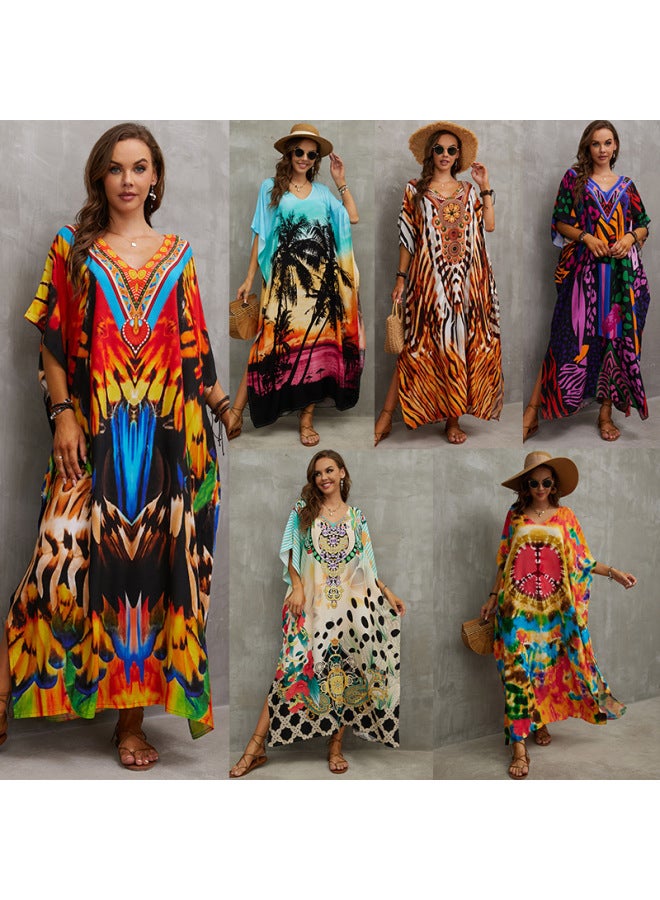 European And American Style Rayon Printed Beach Dress Loose Plus Size Robe Vacation Bikini Swimsuit Cover-up Sun Protection Shirt-Color:Color Bar (ZS2060-16)-  - Image 2