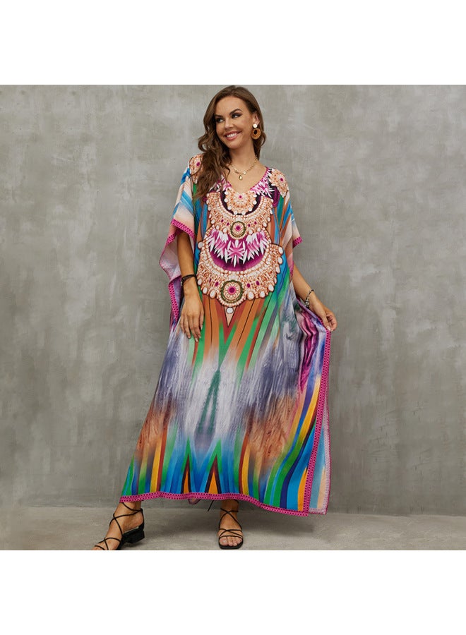 European And American Style Rayon Printed Beach Dress Loose Plus Size Robe Vacation Bikini Swimsuit Cover-up Sun Protection Shirt-Color:Color Bar (ZS2060-16)-  - Image 1
