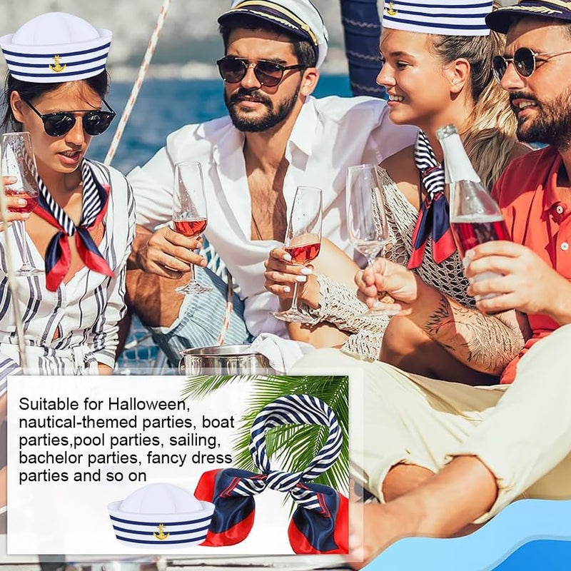 Patpat طقم قبعة بحار وشال للنساء والرجال زي بحري أزرق مع قبعة بحار بيضاء وقبعة كابتن وشال بحار - Image 4