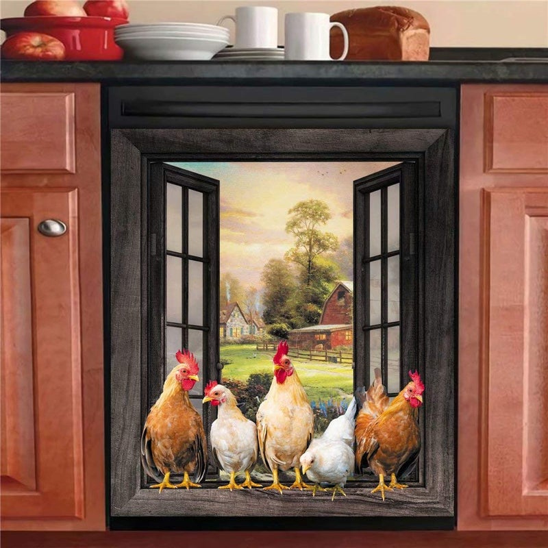 Homega Magnetic Farm Chicken Dishwasher CoverKitchen Decor Rooster Refrigerator Magnet Decal PanelsCountry Farmhouse Window Fridge Door CoverHome Appliances Decor Stickers 23Wx26H