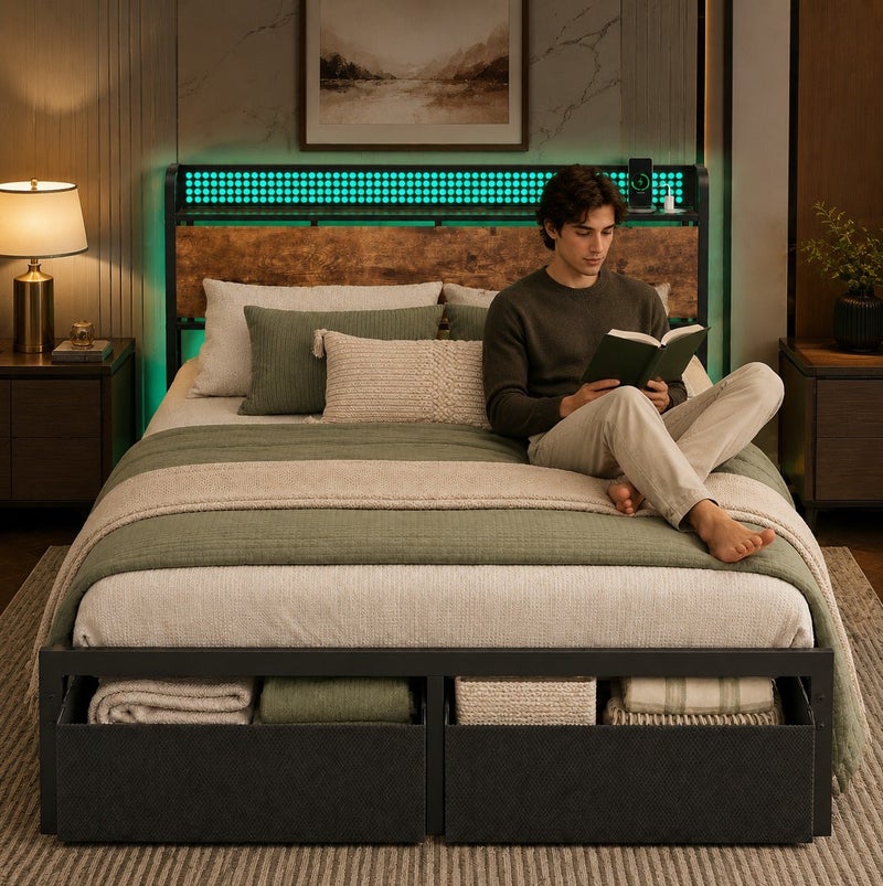 Yanara Queen Size Platform Bed Frame with LED Lights & Charging Station, Industrial Metal Bed with Storage Headboard Shelf, 2 Large Under-Bed Drawers, No Box Spring Needed, Noise-Free, 160x200 cm - Image 3