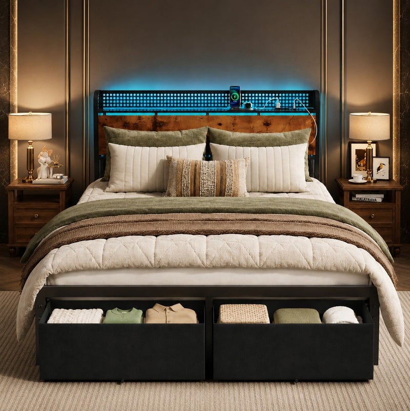 Yanara Queen Size Platform Bed Frame with LED Lights & Charging Station, Industrial Metal Bed with Storage Headboard Shelf, 2 Large Under-Bed Drawers, No Box Spring Needed, Noise-Free, 160x200 cm - Image 1
