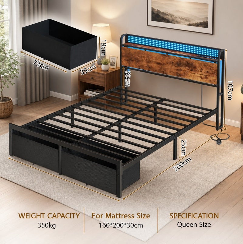 Yanara Queen Size Platform Bed Frame with LED Lights & Charging Station, Industrial Metal Bed with Storage Headboard Shelf, 2 Large Under-Bed Drawers, No Box Spring Needed, Noise-Free, 160x200 cm - Image 5