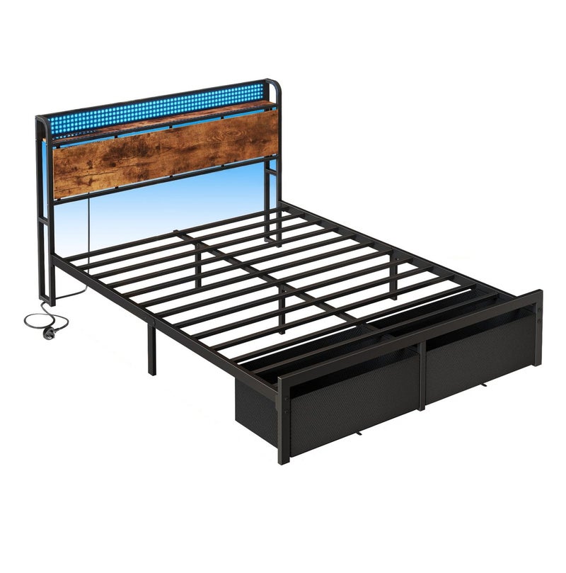 Yanara Queen Size Platform Bed Frame with LED Lights & Charging Station, Industrial Metal Bed with Storage Headboard Shelf, 2 Large Under-Bed Drawers, No Box Spring Needed, Noise-Free, 160x200 cm - Image 4