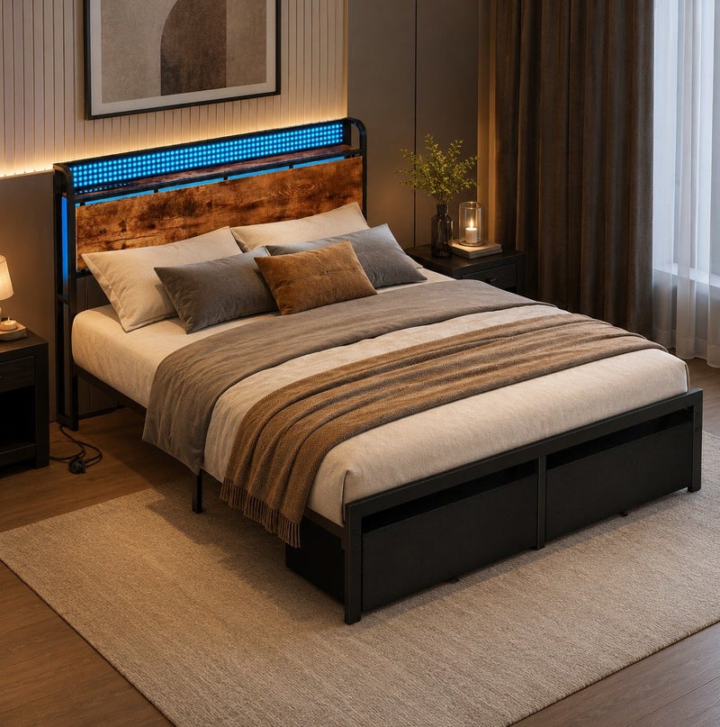 Yanara Queen Size Platform Bed Frame with LED Lights & Charging Station, Industrial Metal Bed with Storage Headboard Shelf, 2 Large Under-Bed Drawers, No Box Spring Needed, Noise-Free, 160x200 cm - Image 2