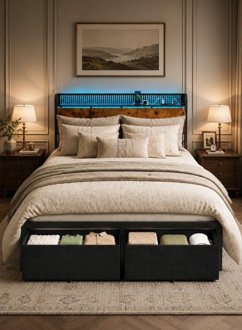 يانارا إطار سرير مقاس كوين 160×200 سم مع إضاءة LED ومحطة شحن | سرير معدني صناعي مع رأسية تخزين ودرجين كبيرين | لا يحتاج إلى قاعدة سرير، تصميم هادئ ومتين - Image 1