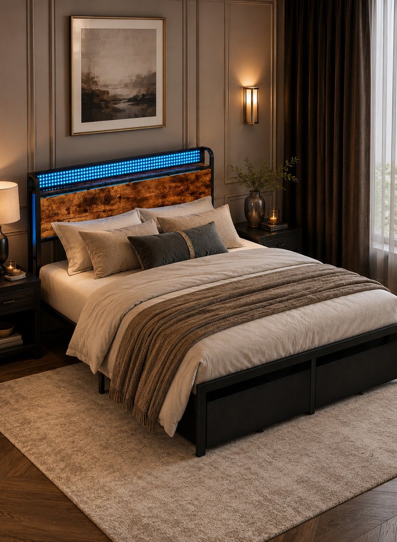 يانارا إطار سرير مقاس كوين 160×200 سم مع إضاءة LED ومحطة شحن | سرير معدني صناعي مع رأسية تخزين ودرجين كبيرين | لا يحتاج إلى قاعدة سرير، تصميم هادئ ومتين - Image 2
