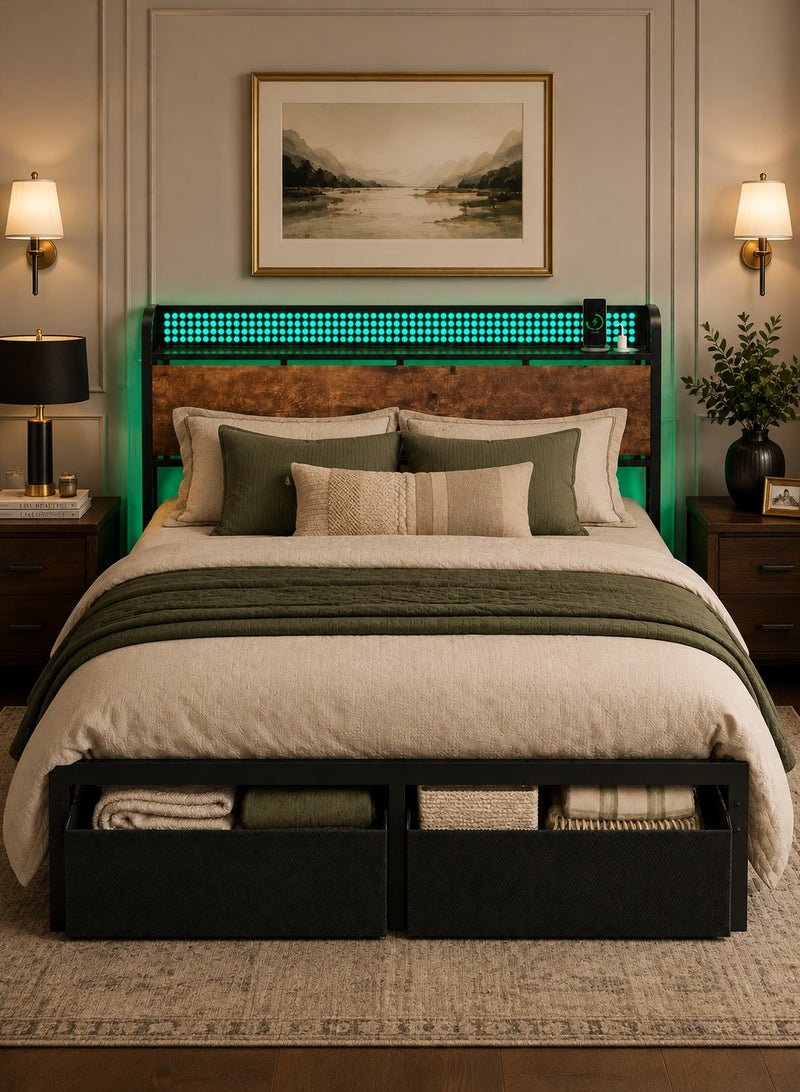 يانارا إطار سرير مقاس كوين 160×200 سم مع إضاءة LED ومحطة شحن | سرير معدني صناعي مع رأسية تخزين ودرجين كبيرين | لا يحتاج إلى قاعدة سرير، تصميم هادئ ومتين - Image 3