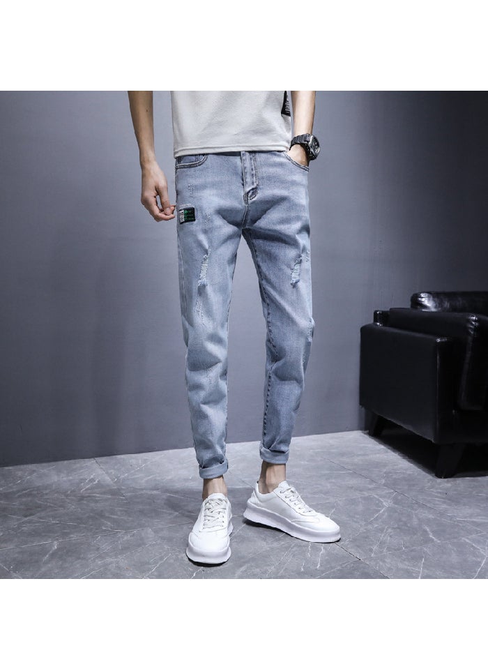 Trendy Lightweight Jeans For Men 2021 Spring Summer New Arrival Slim Fit Ripped 9 Points Elastic Waist Casual Pants Light blue - pzsku/ZEDB57DB0EBE21F52FD5AZ/45/_/1741688275/8f09642e-728d-4ac9-a4a3-ce4da84dbb3b