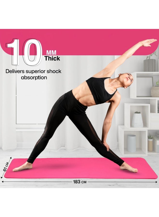Yoga Mat with Carry Strap, 10mm Thick NBR Non-Slip Exercise Mat, Essentials Thick Yoga Mat Fitness & Exercise Mat with Easy-Cinch Yoga Mat Carrier Strap, for Pilates Gymnastics Stretching Fitness Workout Home Gym Outdoor Hiking Camping - Image 3