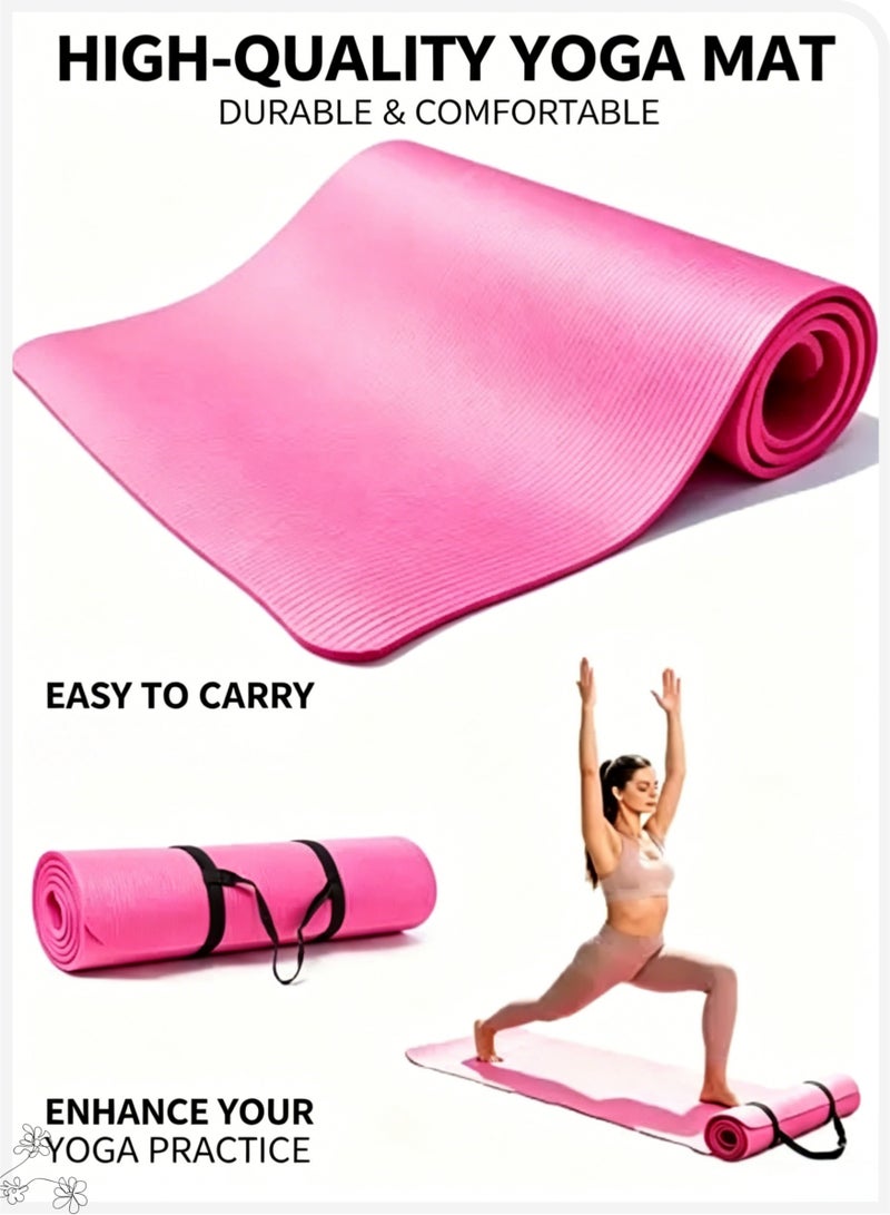 Yoga Mat with Carry Strap, 10mm Thick NBR Non-Slip Exercise Mat, Essentials Thick Yoga Mat Fitness & Exercise Mat with Easy-Cinch Yoga Mat Carrier Strap, for Pilates Gymnastics Stretching Fitness Workout Home Gym Outdoor Hiking Camping - Image 1