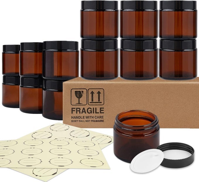 12 PACK 2 OZ THICK AMBER ROUND GLASS JARS WITH LIDS - EMPTY MINI CANDLE MAKING JARS/COSMETIC CONTAINERS WITH LEAKPROOF LIDS FOR CREAM LOTION ESSENTIAL OIL PRODUCTS
