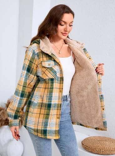 Elesuit Women's Plaid Jackets Flannel Hoodie Long Sleeve Button Down Fleece Fuzzy Hooded Jackets for Women Green X-Small - Image 3