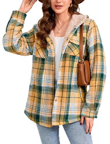 Elesuit Women's Plaid Jackets Flannel Hoodie Long Sleeve Button Down Fleece Fuzzy Hooded Jackets for Women Green X-Small - Image 2