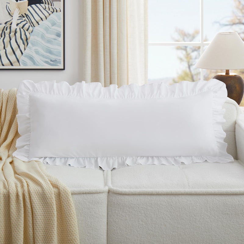 KKJIAF White Lumbar Pillow Covers 14x36 Inch Set of 1, Microfiber Ruffled Pillow Shams, Ruffle Sham Pillow Covers Lumbar Pillow Case for Couch Bed Livingroom - Image 1