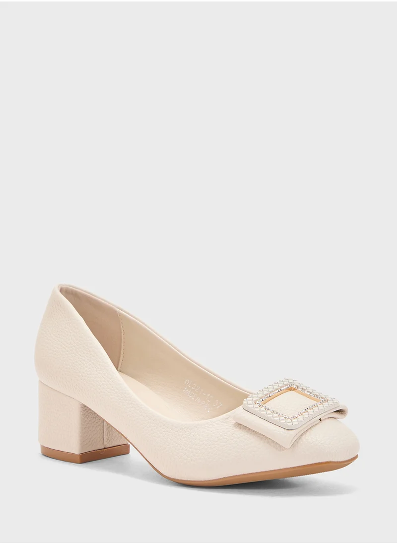 Pink Step Low Block Heeled Pump