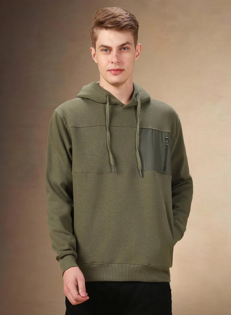 Dennis Lingo Men's Olive Polyester Blend Solid Regular Fit Sweatshirt