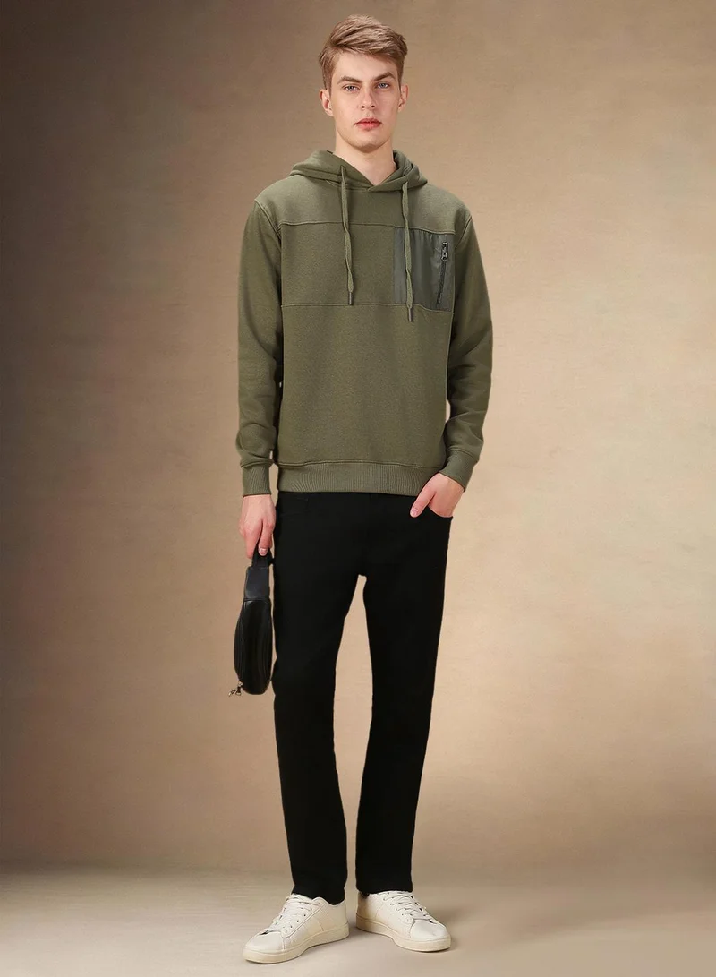 Dennis Lingo Men's Olive Polyester Blend Solid Regular Fit Sweatshirt