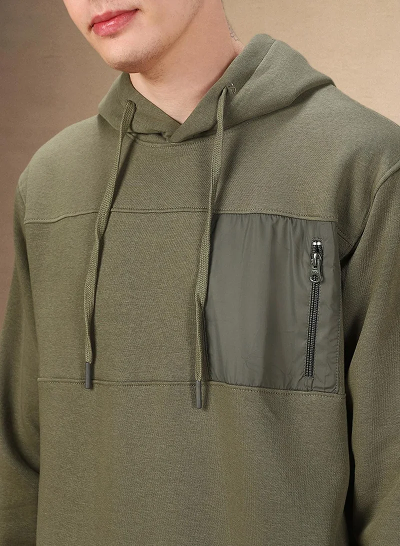 Dennis Lingo Men's Olive Polyester Blend Solid Regular Fit Sweatshirt