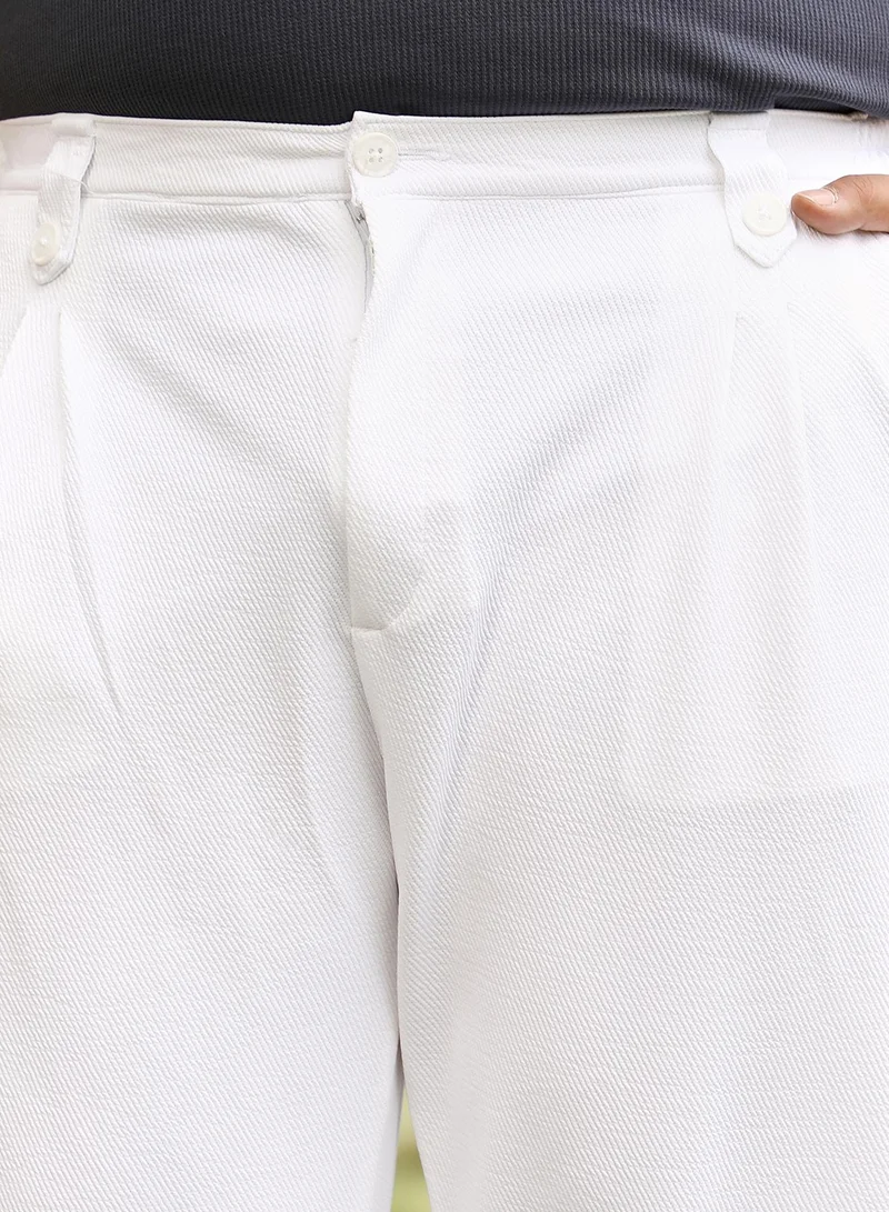 Instafab Plus Instafab Men's Chalk White Twill-Pleated Trousers | Mid Rise , Cuffed Hem , Button Closure | Solid Twill | Polyester Blend Trousers For Casual Wear