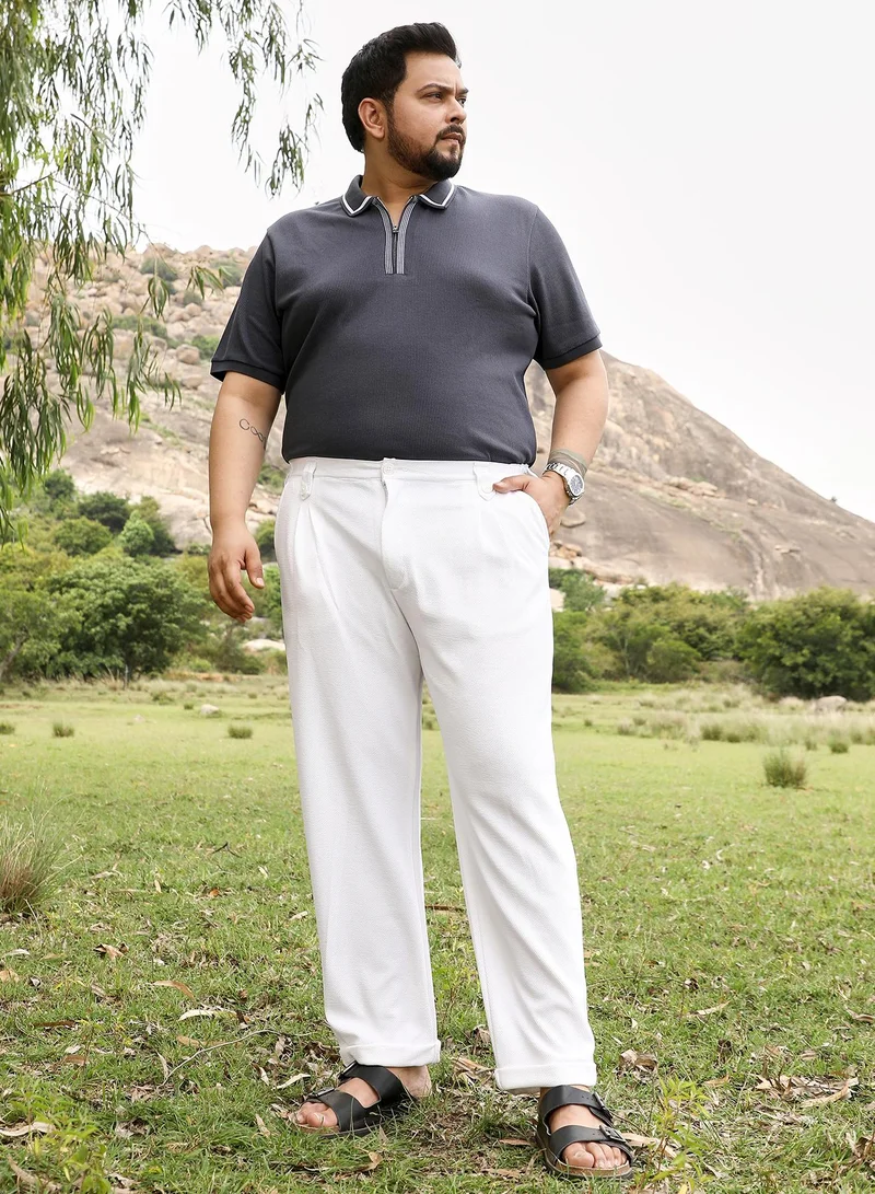 Instafab Plus Instafab Men's Chalk White Twill-Pleated Trousers | Mid Rise , Cuffed Hem , Button Closure | Solid Twill | Polyester Blend Trousers For Casual Wear