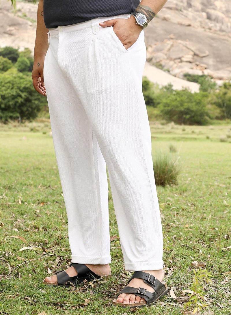 Instafab Plus Instafab Men's Chalk White Twill-Pleated Trousers | Mid Rise , Cuffed Hem , Button Closure | Solid Twill | Polyester Blend Trousers For Casual Wear  - Image 3