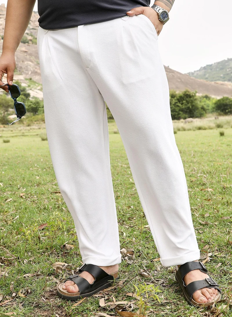 Instafab Plus Instafab Men's Chalk White Twill-Pleated Trousers | Mid Rise , Cuffed Hem , Button Closure | Solid Twill | Polyester Blend Trousers For Casual Wear