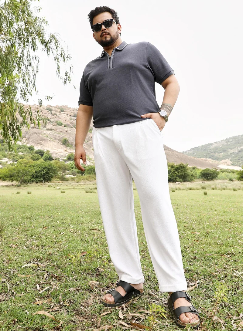Instafab Plus Instafab Men's Chalk White Twill-Pleated Trousers | Mid Rise , Cuffed Hem , Button Closure | Solid Twill | Polyester Blend Trousers For Casual Wear