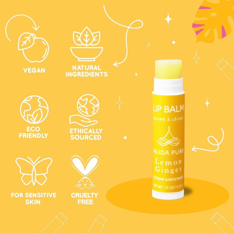 ALIDA PURE Lemon Ginger Lip Balm Collection, Vegan Set, Bees Wax Free, with Organic Jojoba and Avocado Oil, Vitamin E, Natural Moisturizer For Dry, Cracked, or Chapped Lips, 3 Tube Set - Image 3